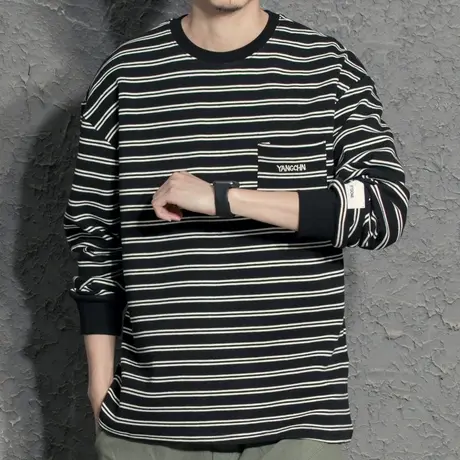 春季黑色条纹男士加厚T恤百搭休闲圆领长袖日系基础款宽松上衣潮图片