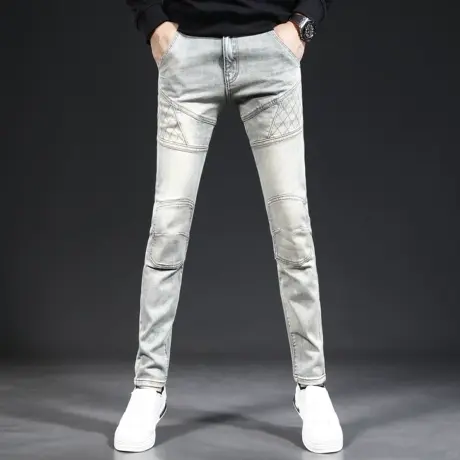 秋季牛仔裤男2023新款欧美高端复古蓝色修身小脚弹力时尚潮流裤子图片