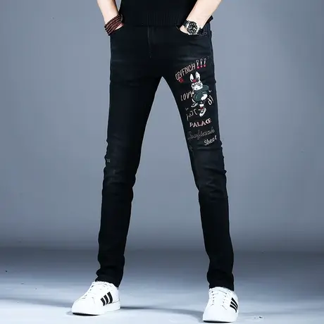 黑色牛仔裤男款小脚修身刺绣潮流裤子男士秋冬款弹力高档男裤休闲商品大图