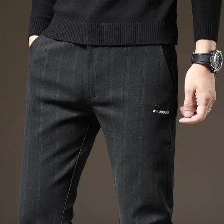 秋冬季竖条纹男裤子男士休闲裤直筒宽松紧腰毛呢韩版潮流百搭长裤商品大图