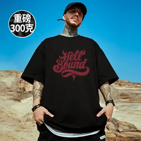 300g重磅美式复古字母印花短袖t恤街头大码黑色圆领纯棉半袖男潮商品大图