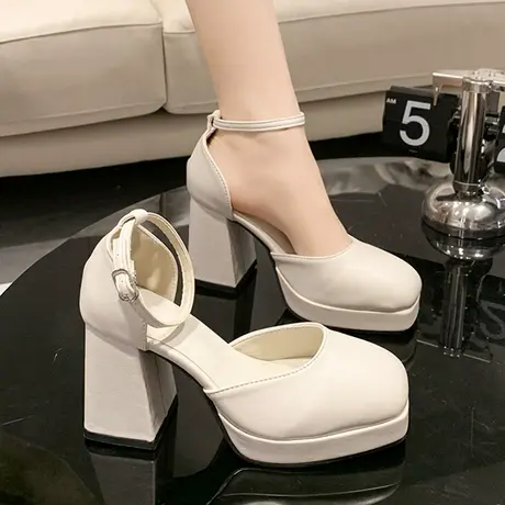 玛丽珍单鞋女2023年春季新款防水台高跟鞋粗跟米色法式气质小皮鞋商品大图