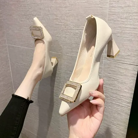 白色高跟鞋女小众设计感2024年春季新款不累脚粗跟气质水钻扣单鞋商品大图