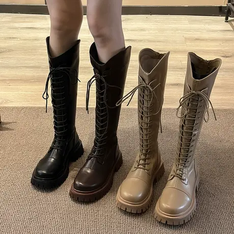 长筒靴女骑士靴2023年新款春秋V口粗腿显瘦长靴厚底系带高筒靴子商品大图