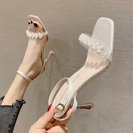 法式性感一字带珍珠气质凉鞋女夏季2024年新款百搭露趾细跟高跟鞋图片