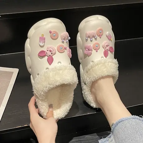 厚底洞洞鞋女秋冬季2024年新款可爱小猪包头防滑保暖加绒棉拖鞋商品大图