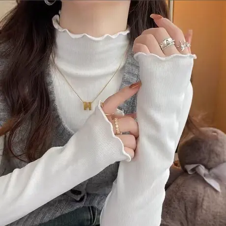 加绒加厚保暖长袖T恤女秋冬修身洋气内搭木耳边半高领打底衫上衣图片