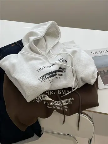 美式短款加绒字母连帽卫衣女！冬百搭显瘦小个子套头休闲上衣咖色商品大图