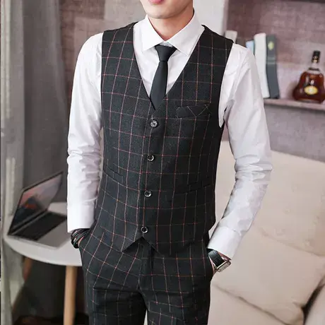 男士西服马甲裤子套装韩版修身格子小西装马甲结婚正装伴郎礼服商品大图