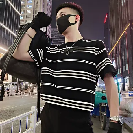 夏季男士条纹短袖t恤打底衫潮流时尚休闲宽松潮牌个性ins半袖上衣商品大图