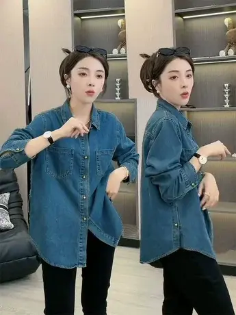 加绒牛仔衬衫女秋冬2023新款宽松设计感叠穿上衣休闲加厚衬衣外套商品大图