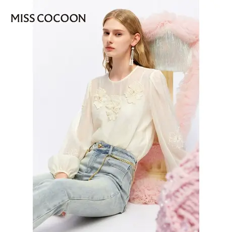 可可尼COCOON2025夏季新款绣花泡泡袖设计法式蕾丝上衣女士雪纺衫图片