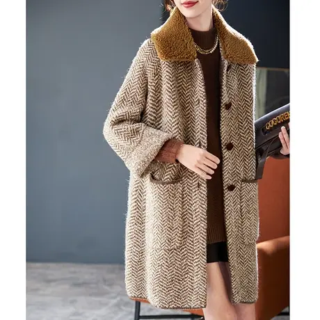 宝诗黎翻领中长款格纹外套2024春季新款韩版宽松绵羊毛单排扣大衣商品大图