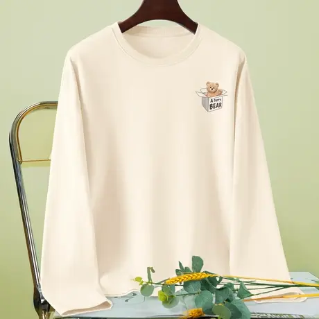 纯棉长袖t恤女春季2024新款女装春秋打底衫春装外穿宽松圆领上衣图片