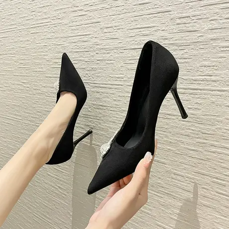 水钻尖头高跟鞋女2024年新款性感百搭黑色工作鞋礼服软皮细跟单鞋商品大图