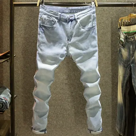 潮男穿搭男士牛仔裤修身小脚裤2024春节新款浅蓝色时尚百搭裤子男商品大图