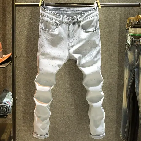 欧洲站高端烫钻牛仔裤男款修身小脚裤个性图案镶钻灰色裤子男春季商品大图