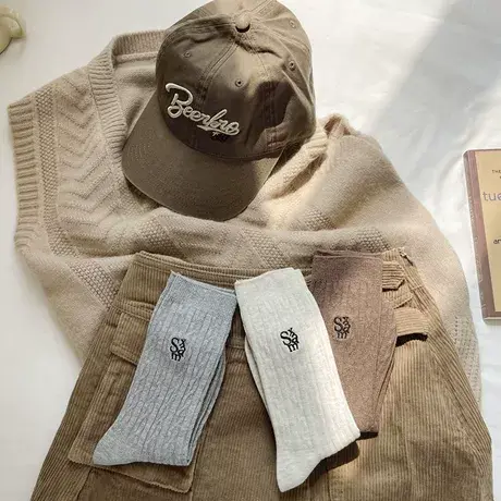 袜子女2024春款双针字母刺绣中筒袜美拉德风时尚百搭款堆堆袜潮商品大图