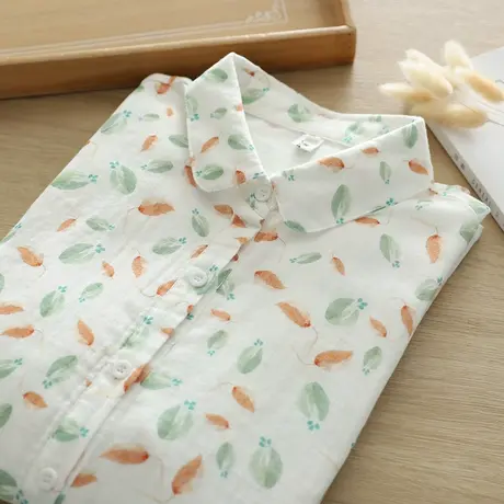 春秋装文艺小清新落叶印花双层纱纯棉长袖衬衫女学生百搭叠穿上衣商品大图