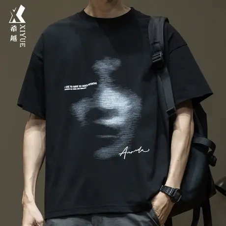 希越赛络原棉短袖T恤男夏季宽松大码男士打底衫暗黑幻影人像上衣商品大图
