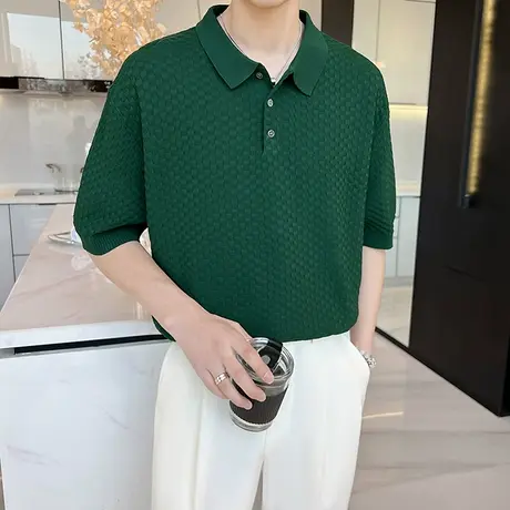 简约翻领冰丝Polo衫男短袖春夏薄款冰丝格子纹理宽松针织半袖T恤商品大图