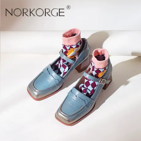 2024新款春复古文艺蓝金色玛丽珍单鞋仙女风粗跟方头真皮高跟鞋女图片