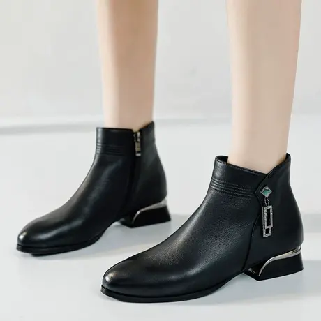 2023新款时尚真皮大码短靴女秋季单靴41-43百搭棉鞋平底加绒皮鞋商品大图