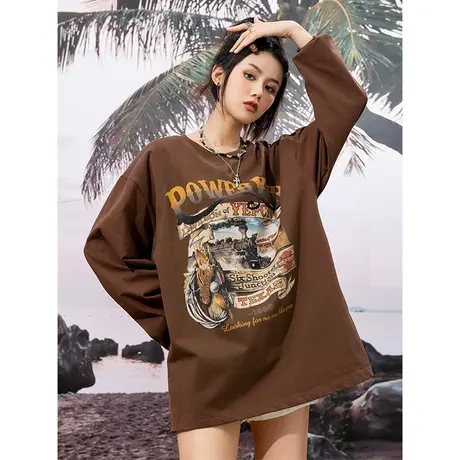 YEP咖色长袖t恤女ins潮设计感小众宽松oversize秋季美式复古卫衣商品大图