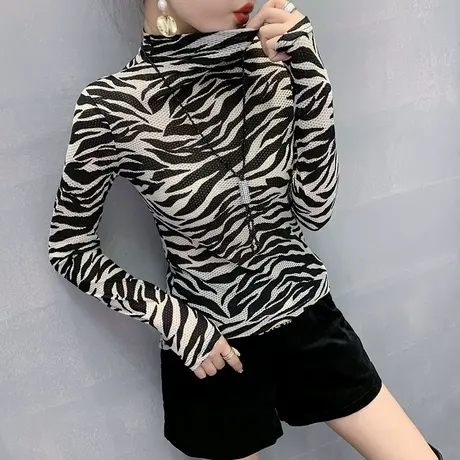 小高领紧身内搭打底衫女秋冬时尚豹纹T恤女长袖显瘦洋气上衣女潮商品大图