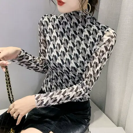 高领网纱打底衫女秋冬欧货加绒加厚内搭上衣设计感小众长袖T恤女商品大图