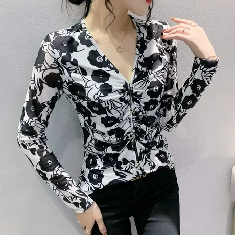 性感V领网纱打底衫女秋冬设计感漂亮印花上衣内搭洋气显瘦T恤长袖商品大图