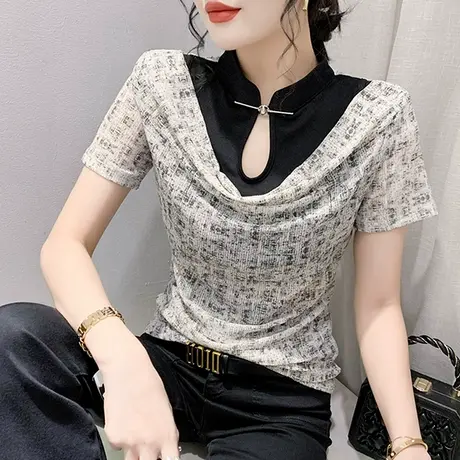 改良国潮风女装复古立领盘扣T恤女短袖性感镂空小衫修身显瘦上衣商品大图