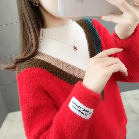 红色水貂绒加绒毛衣女2022年新款时尚洋气加厚爆款打底衫女秋冬季图片