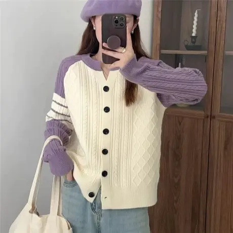 2023秋冬新款时尚拼色针织开衫外套软糯学院风圆领长袖外搭上衣女商品大图