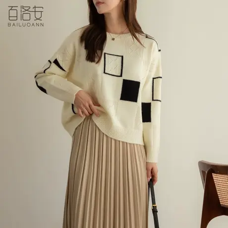 百洛安时尚撞色方块针织衫女秋季新款慵懒风宽松长袖套头毛衣上衣图片