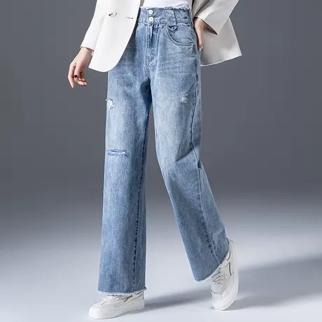破洞牛仔裤女2023年新款高腰阔腿裤宽松长裤拖地裤春秋女裤直筒裤商品大图
