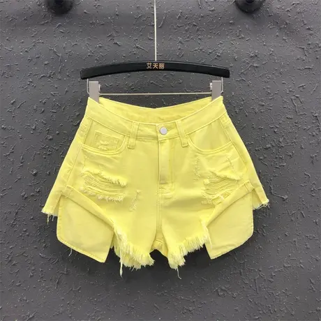 不规则破洞高腰a字阔腿裤欧货女新款减龄亮色显瘦口袋牛仔短裤夏商品大图