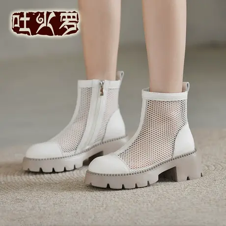 吐火罗新款韩版透气网面凉鞋短靴高跟厚底凉靴真皮镂空显瘦烟筒靴商品大图