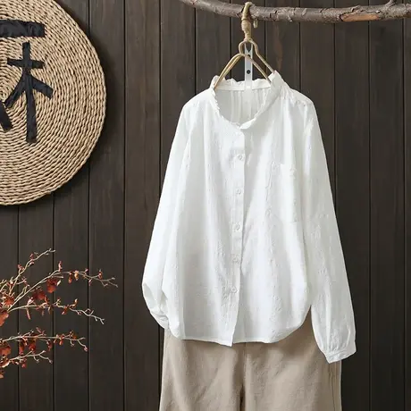 枫谜2023年春季新款文艺复古花边领单排扣提花棉麻休闲民族风衬衫图片