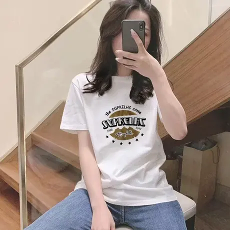 白色短袖t恤女上衣2023年新款潮牌设计感圆领宽松小众复古体恤衫商品大图