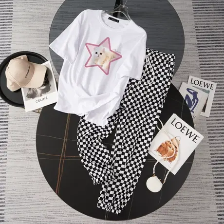 纯棉大码运动服套装女2023新款夏季宽松短袖长裤小个子休闲两件套图片