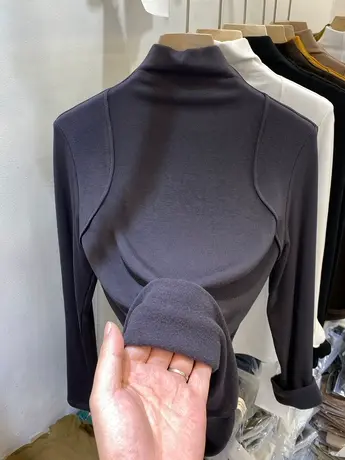 欧货洋气半高领加薄绒T恤女2022秋冬新款亲肤显瘦内搭打底衫上衣商品大图