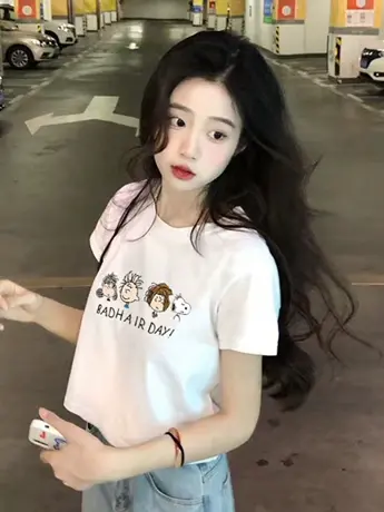 加大码重磅仿棉t恤女短袖2023新款夏季短款宽松美式高街显瘦上衣图片