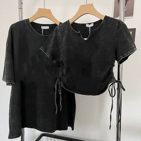 水洗纯棉短袖T恤女夏季短款抽绳做旧设计感小众chic上衣半袖ins潮商品大图