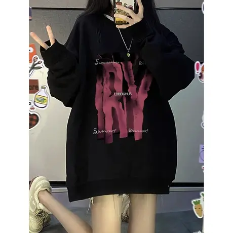 oversize美式复古设计感小众卫衣女春秋薄款宽松上衣潮牌vintage图片