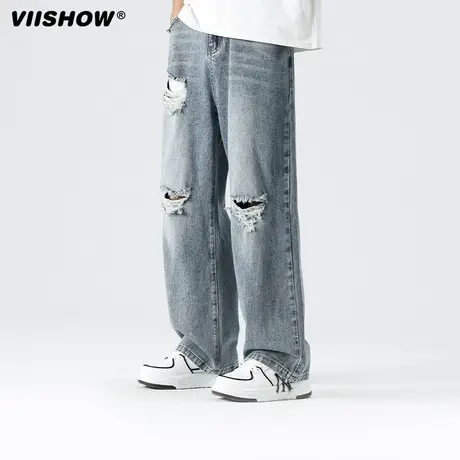 VIISHOW破洞直筒牛仔裤男2023年夏季新款设计感宽松高腰阔腿裤子商品大图