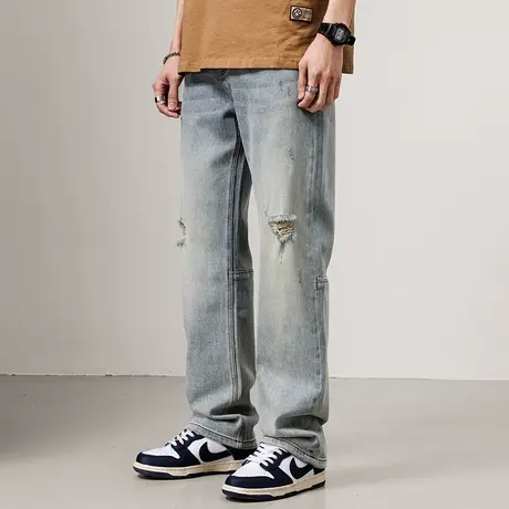宽松直筒牛仔裤男士垂感水洗休闲裤百搭韩版浅蓝直筒裤做旧牛仔裤商品大图
