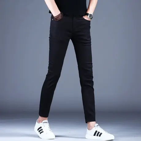 夏天纯黑色九分牛仔裤男款秋款轻奢高端潮牌潮流裤子修身小脚弹力图片