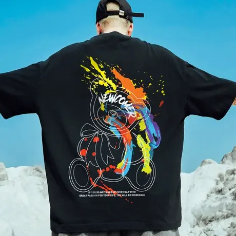 oversize港风潮牌国潮嘻哈小熊短袖T恤男潮宽松大码情侣装半袖潮图片