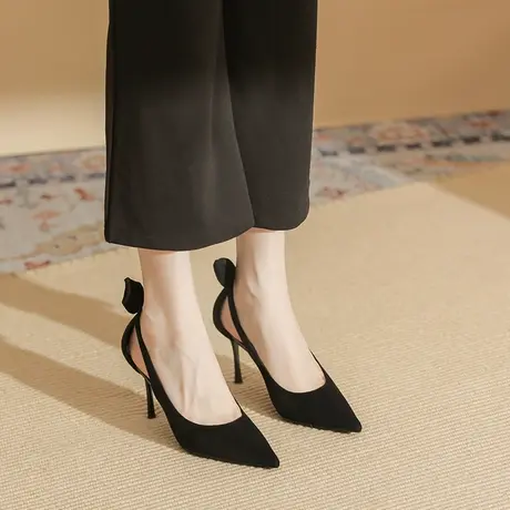 黑色性感尖头高跟鞋女细跟2023年夏季新款设计感小众浅口职业单鞋商品大图